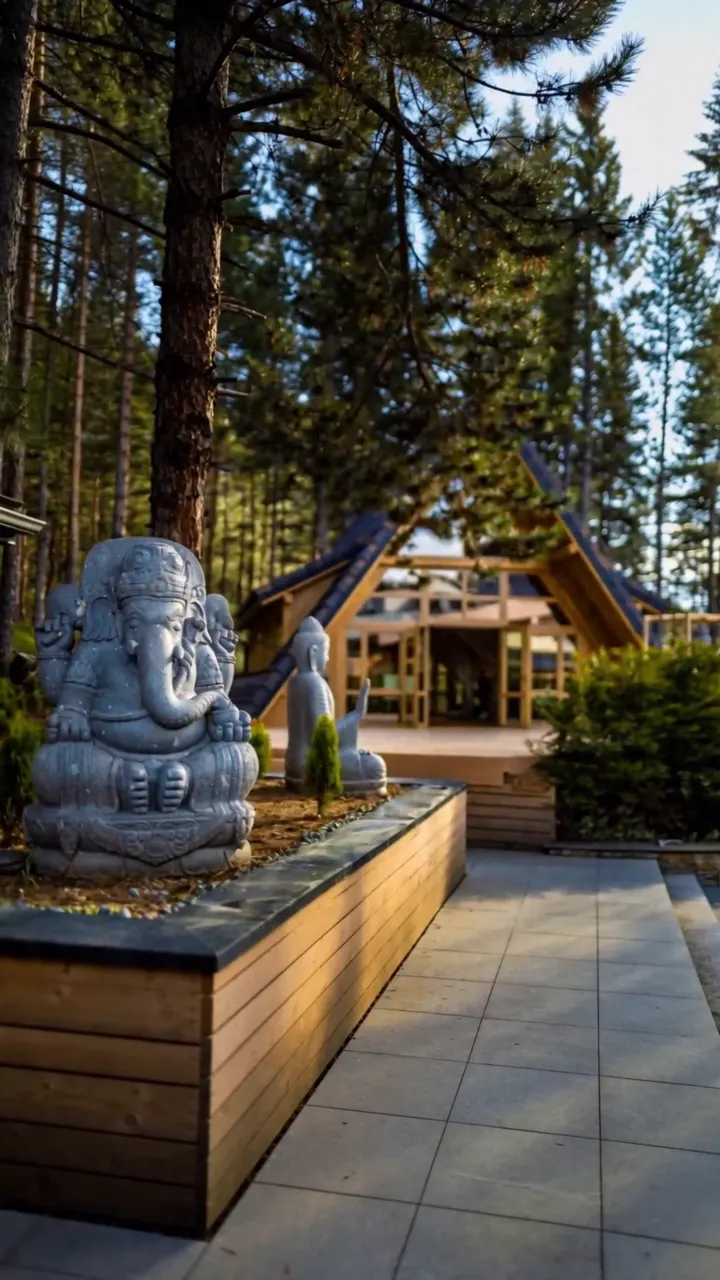 KASHMIR — Wellness & spa hotel — forest chalets from day into dusk.